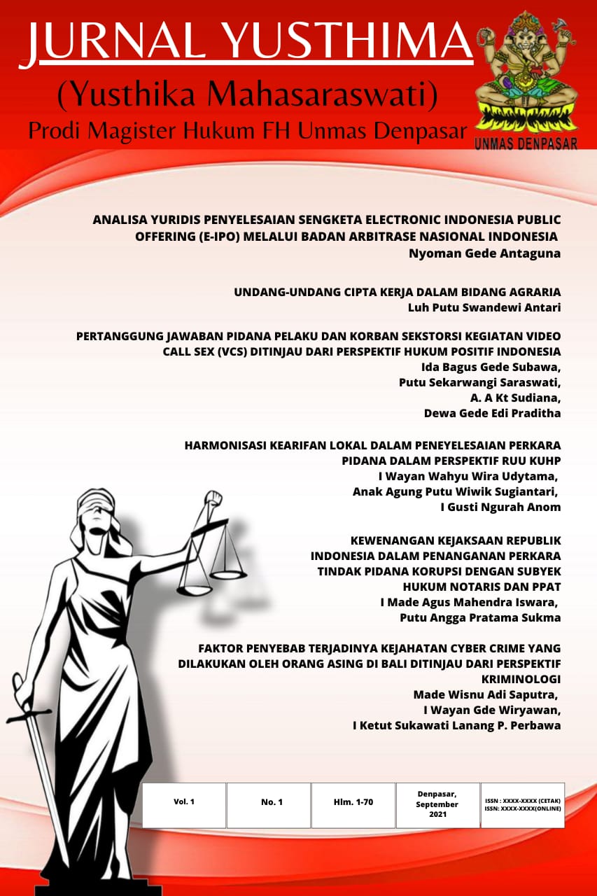 					View Vol. 1 No. 01 (2021): YUSTHIMA : Jurnal Prodi Magister Hukum FH Unmas Denpasar
				